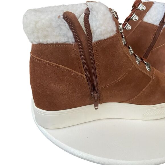 Steve Madden Lakes Wedge Sneaker Faux Fur Sherpa Trim Cognac Suede 8.5M Women's - Picture 10 of 13